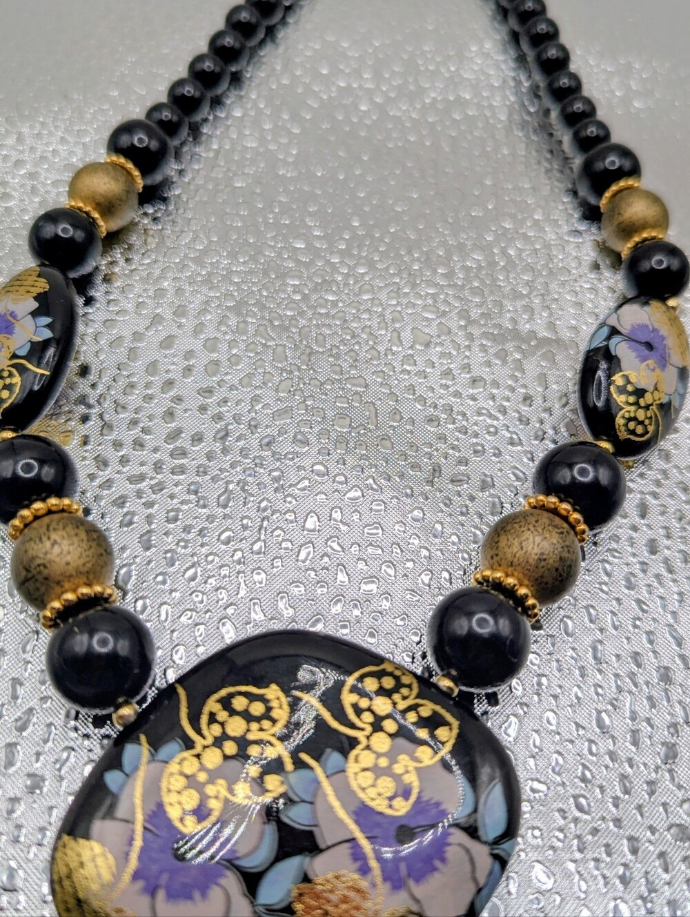 Vintage black and gold-tone floral beaded necklace, 18.5"